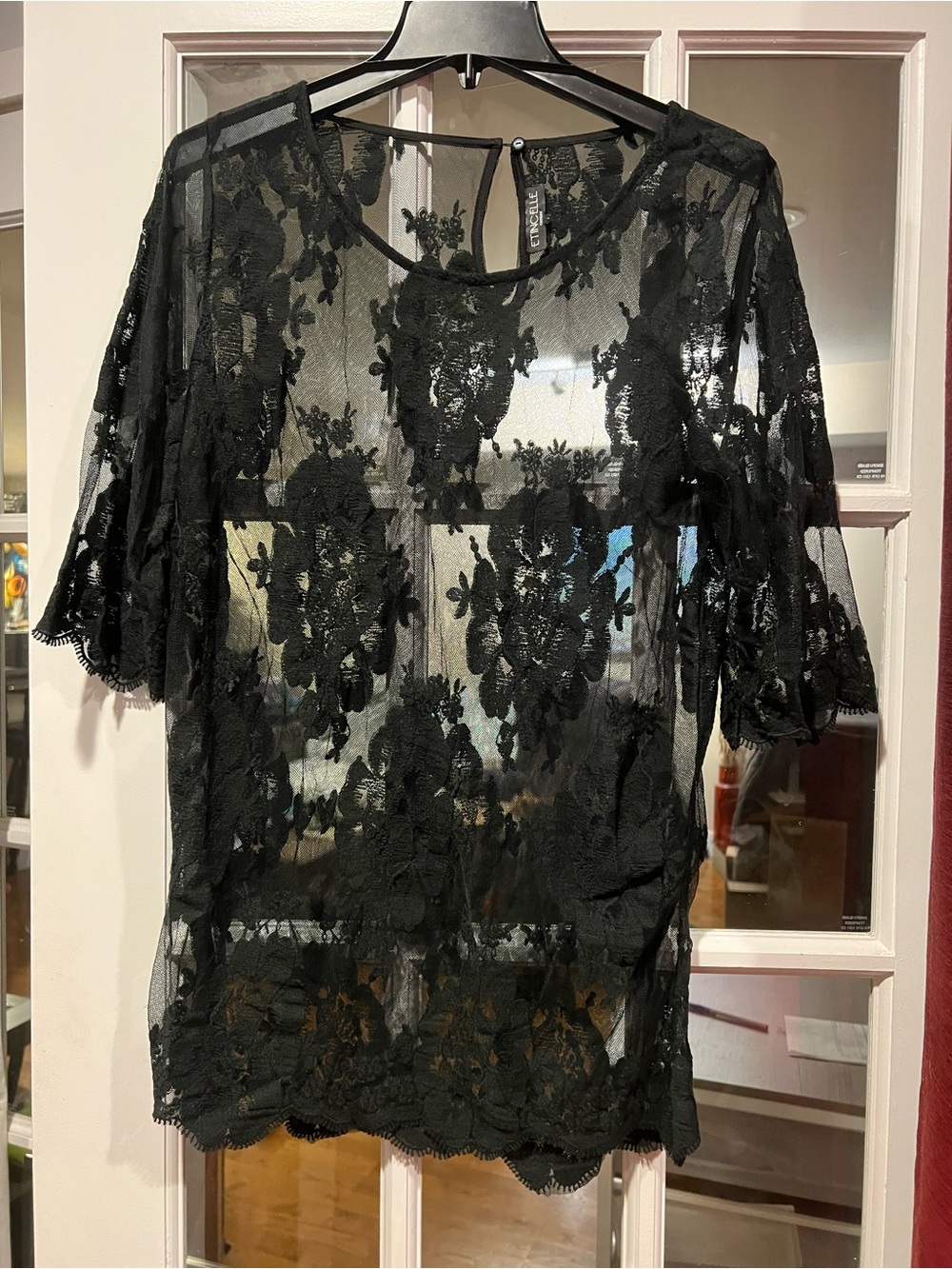 Black Floral cotton Lace Sheer Blouse with Scalloped Trim - Women